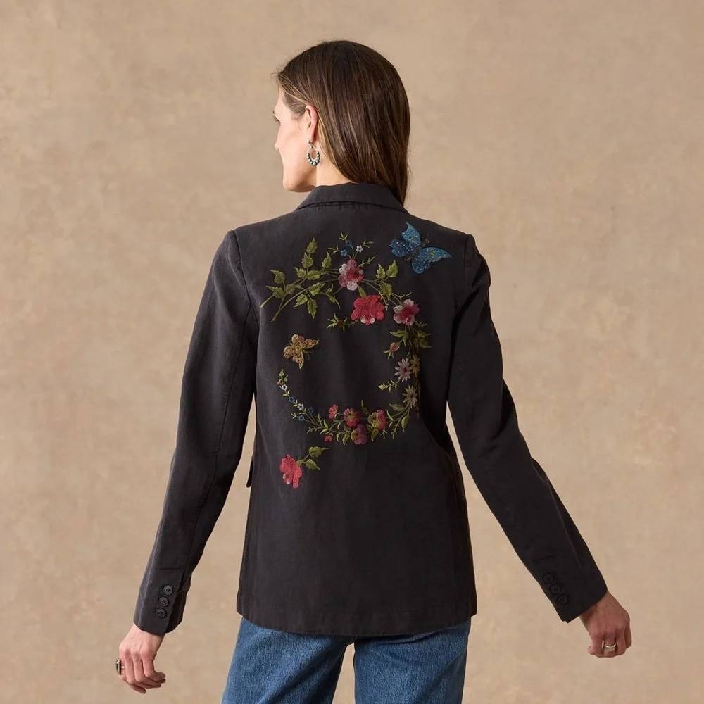 Sundance Cottagecore Whimsical Floral Embroidered Cotton Linen Blazer M